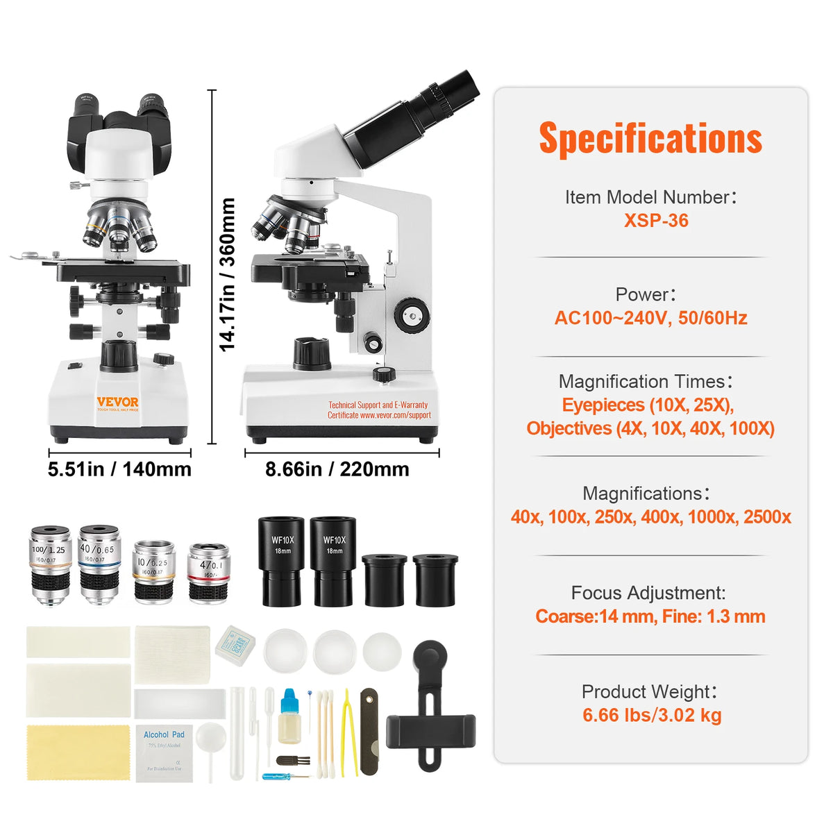 VEVOR white compound trinocular microscope with LED illumination and external interface, with multiple lenses XSP-36