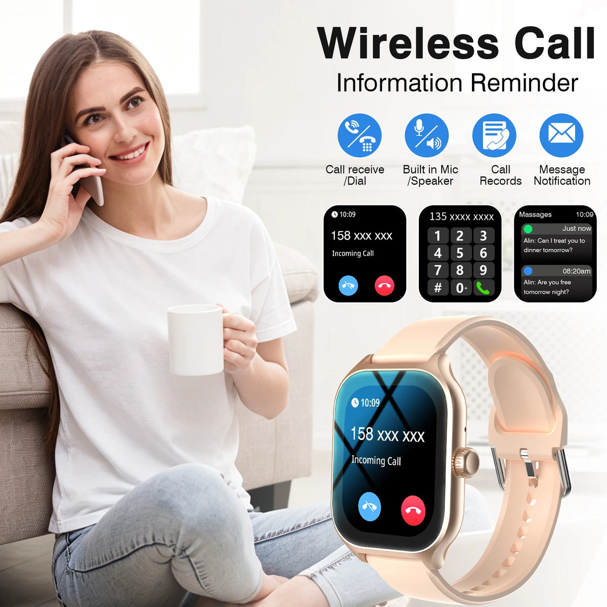 Smartwatch, rose-gold with pink strap; two full-touch sports watches shown.