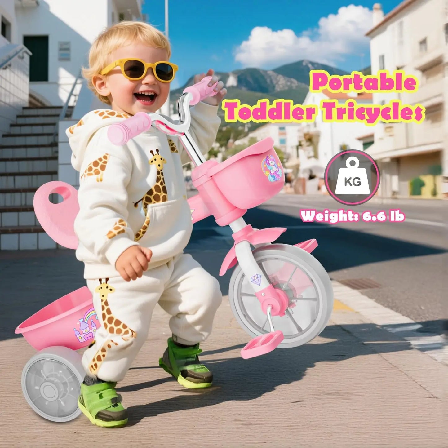 Unicorn Toddler Tricycle With Light Up Wheels And Basket
