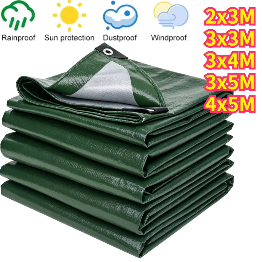 Green heavy-duty tarp cover with grommets; waterproof UV-resistant tarps in assorted sizes (2x3m-4x5m) stacked