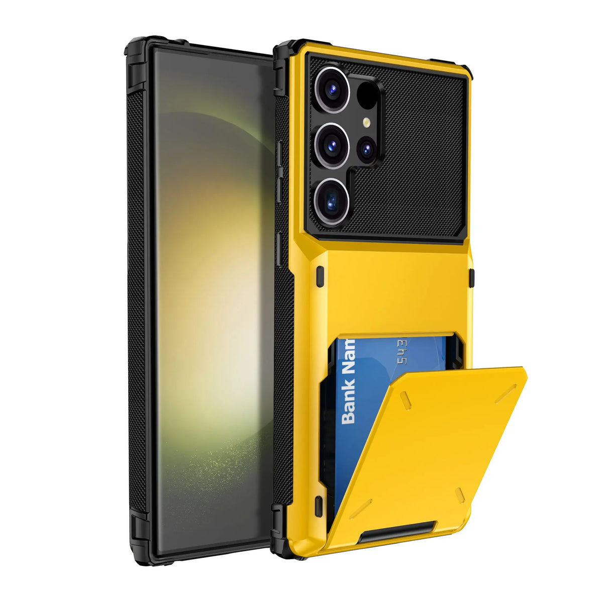 Rugged wallet cases for Samsung Galaxy S25/S24 series, yellow and black with card holder; two cases shown.