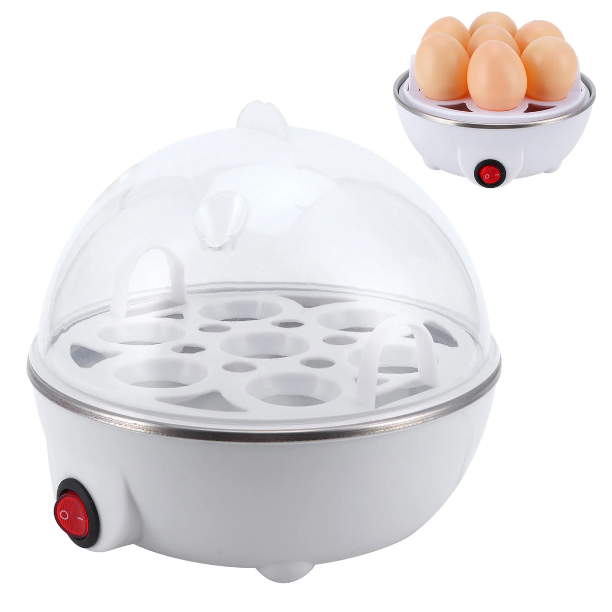 Egg cooker by S And B Enterprise, white electric egg boiler with transparent lid and red on/off switch, six-egg capacity.