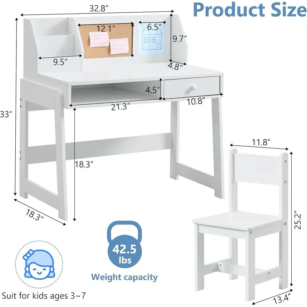 Kids study desk and chair set by S And B Enterprise; white wooden desk with storage shelves and hutch (2 pieces)