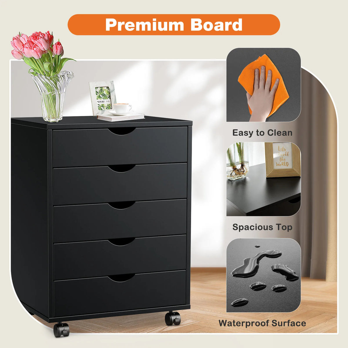 JHK wood nightstand cabinet, black 5-drawer storage on wheels, bedroom/office organizer, S And B Enterprise.