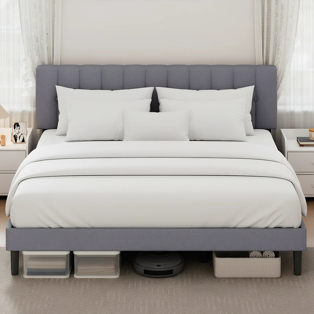 JHK Wooden Upholstered Platform Bed With Adjustable Headboard by S And B Enterprise