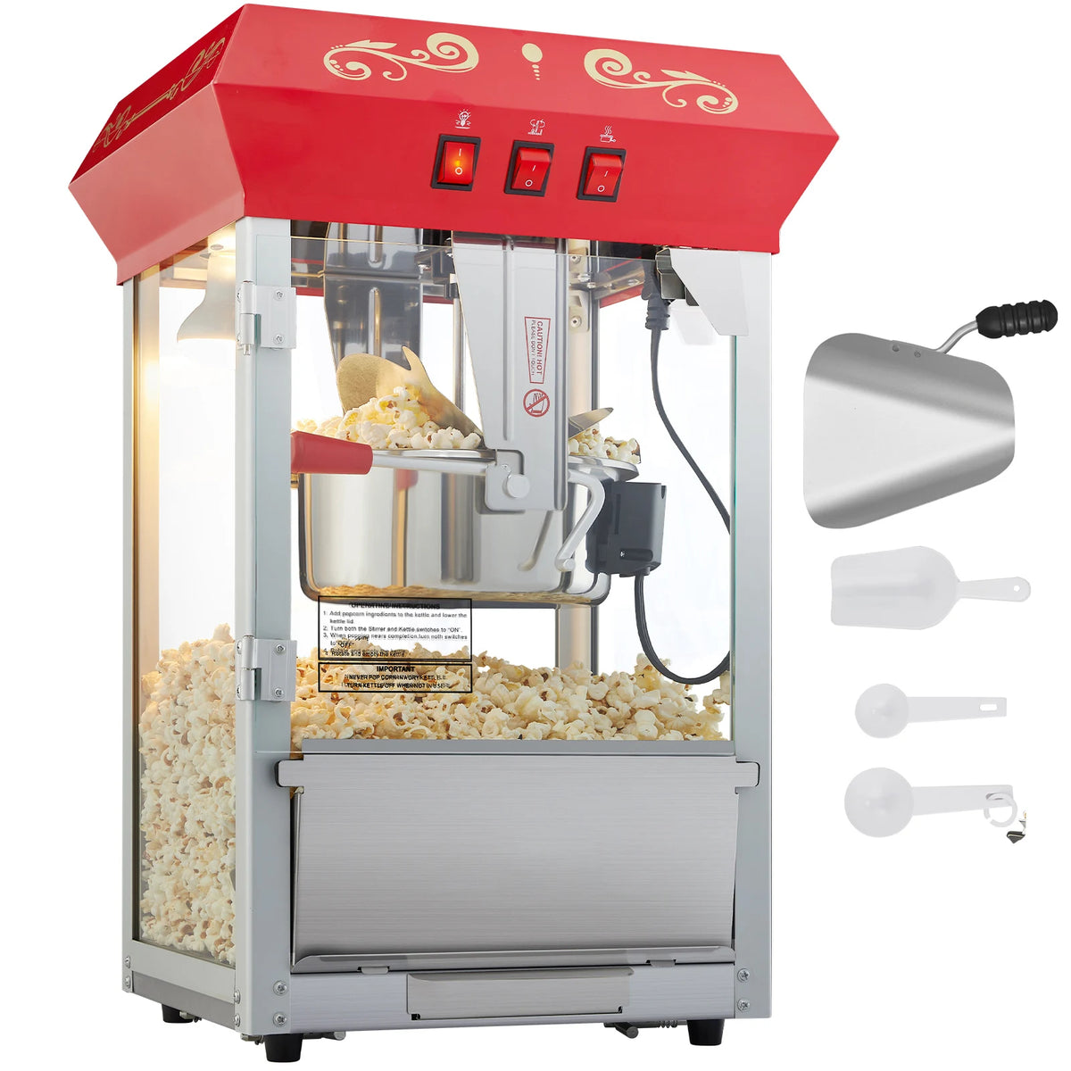 SucceBuy 8/12oz electric popcorn maker with SUS304 heating tube, red top, glass cabinet