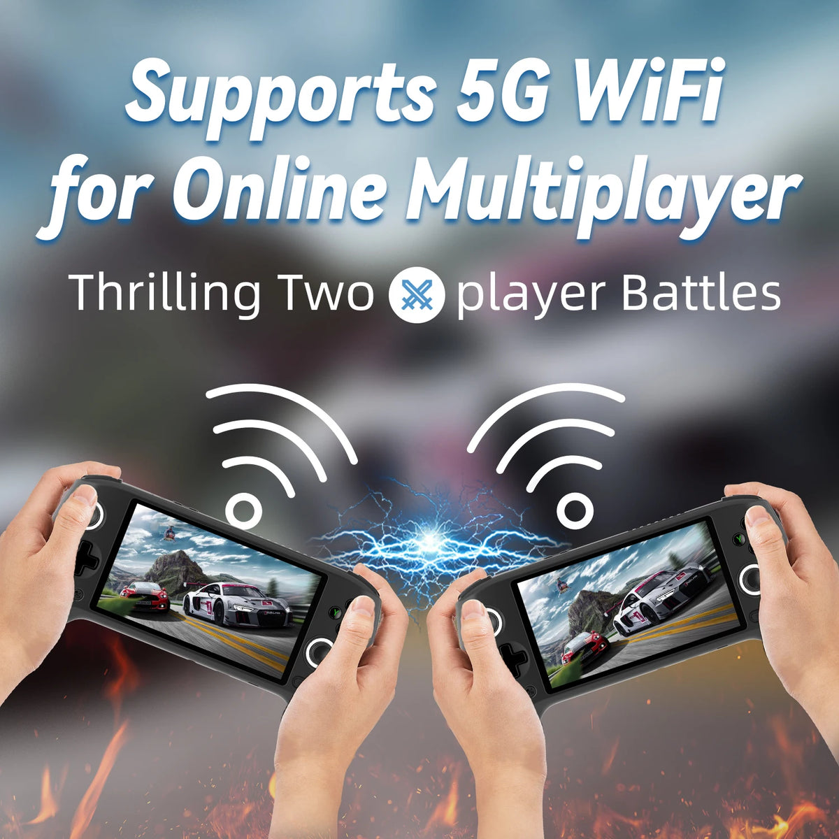 ANBERNIC RG556 handheld console with 5.48-inch AMOLED display; two-player online battles over 5G WiFi.