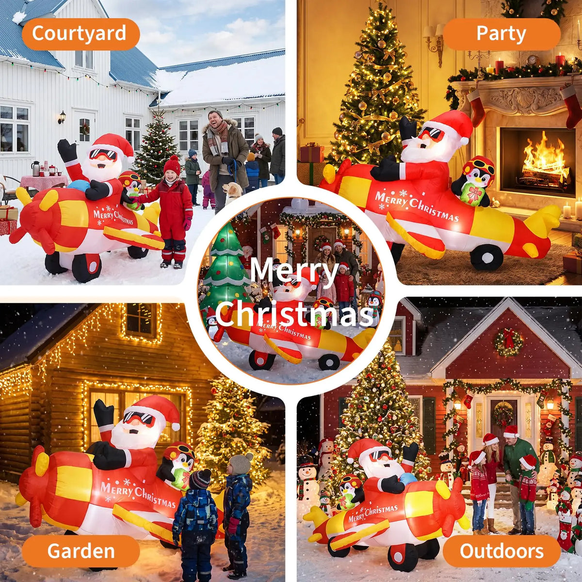 8ft Christmas inflatable Santa driving penguin airplane yard decor by S And B Enterprise; red Santa, yellow airplane, penguin, shown in 4 scenes