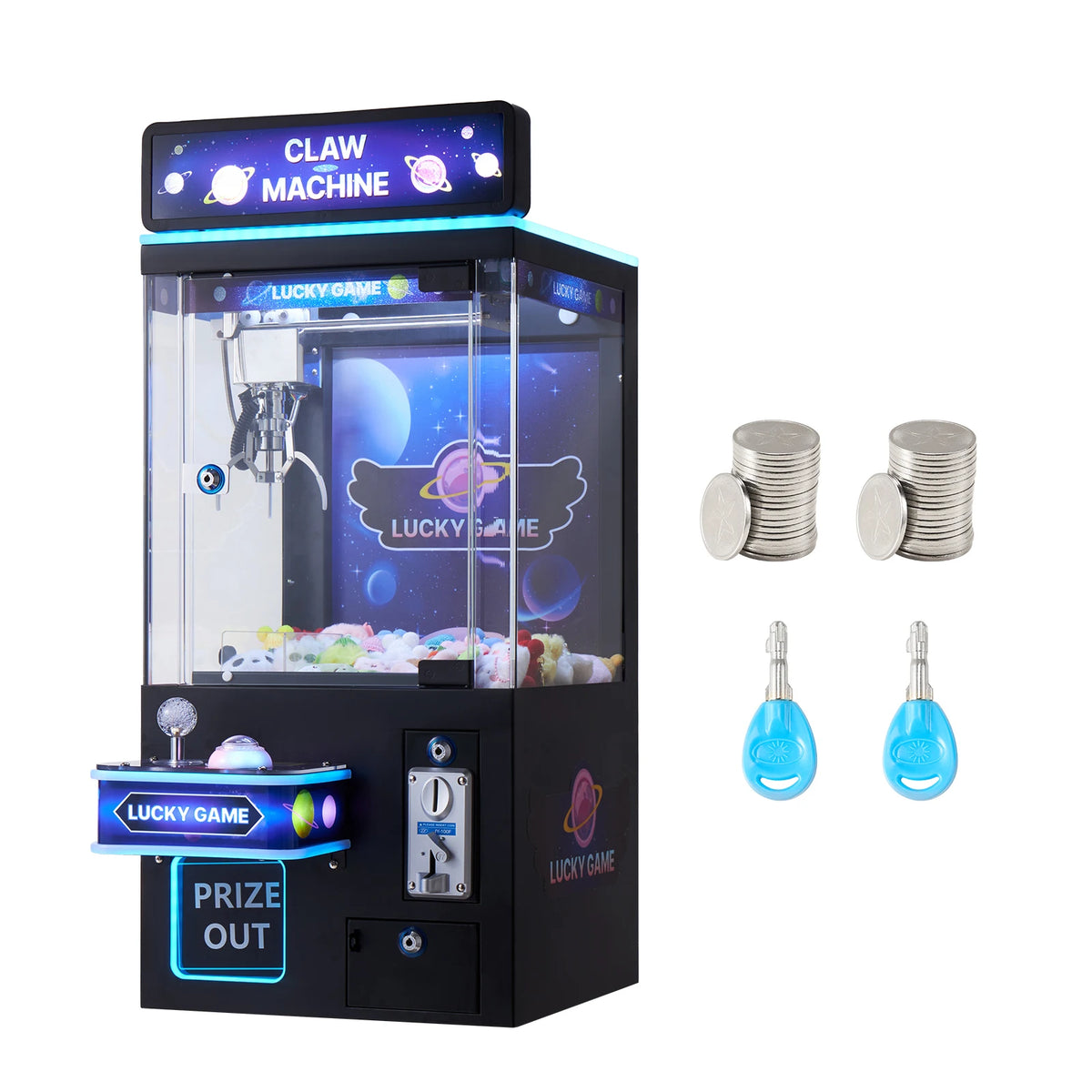 VEVOR claw crane machine in black with blue neon trim and space-themed prize display; includes two coin stacks.