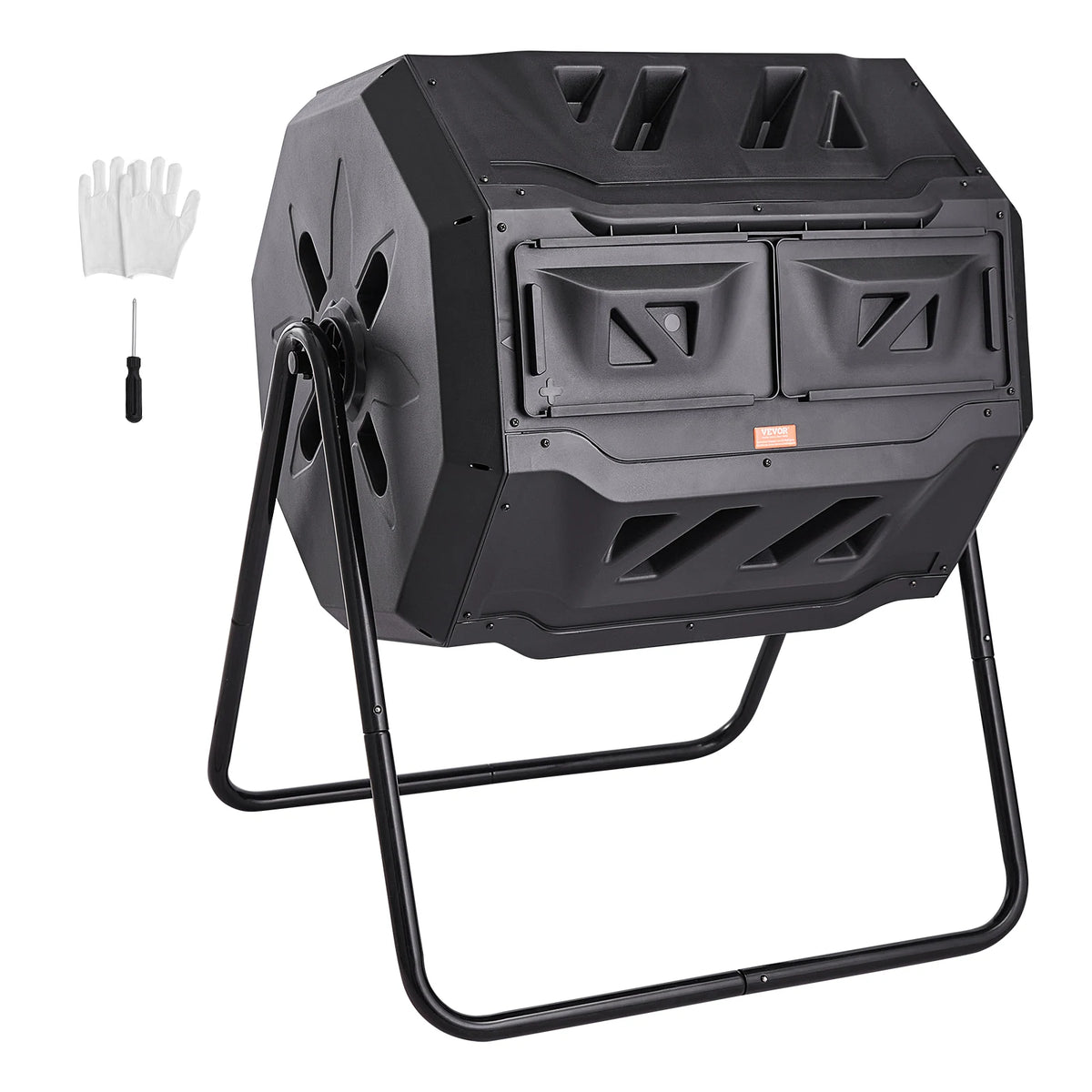 SucceBuy dual-chamber compost tumbler on metal stand with gloves and screwdriver; VEVOR label.