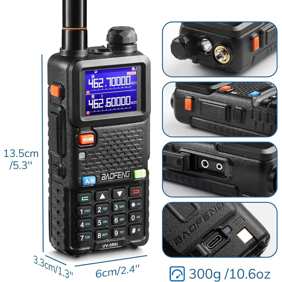 Baofeng UV-5R handheld radio, 4-pack, black with LCD display and orange push buttons.