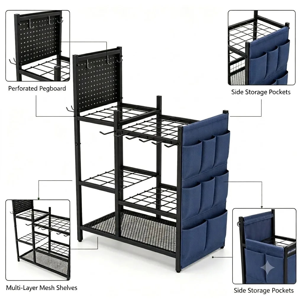 Garden Tool Storage Organizer by S And B Enterprise, black metal rack with blue side pockets and mesh shelves.