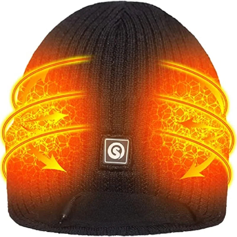 Snow Deer rechargeable heated hat, black knit with orange heating bands and S And B Enterprise logo