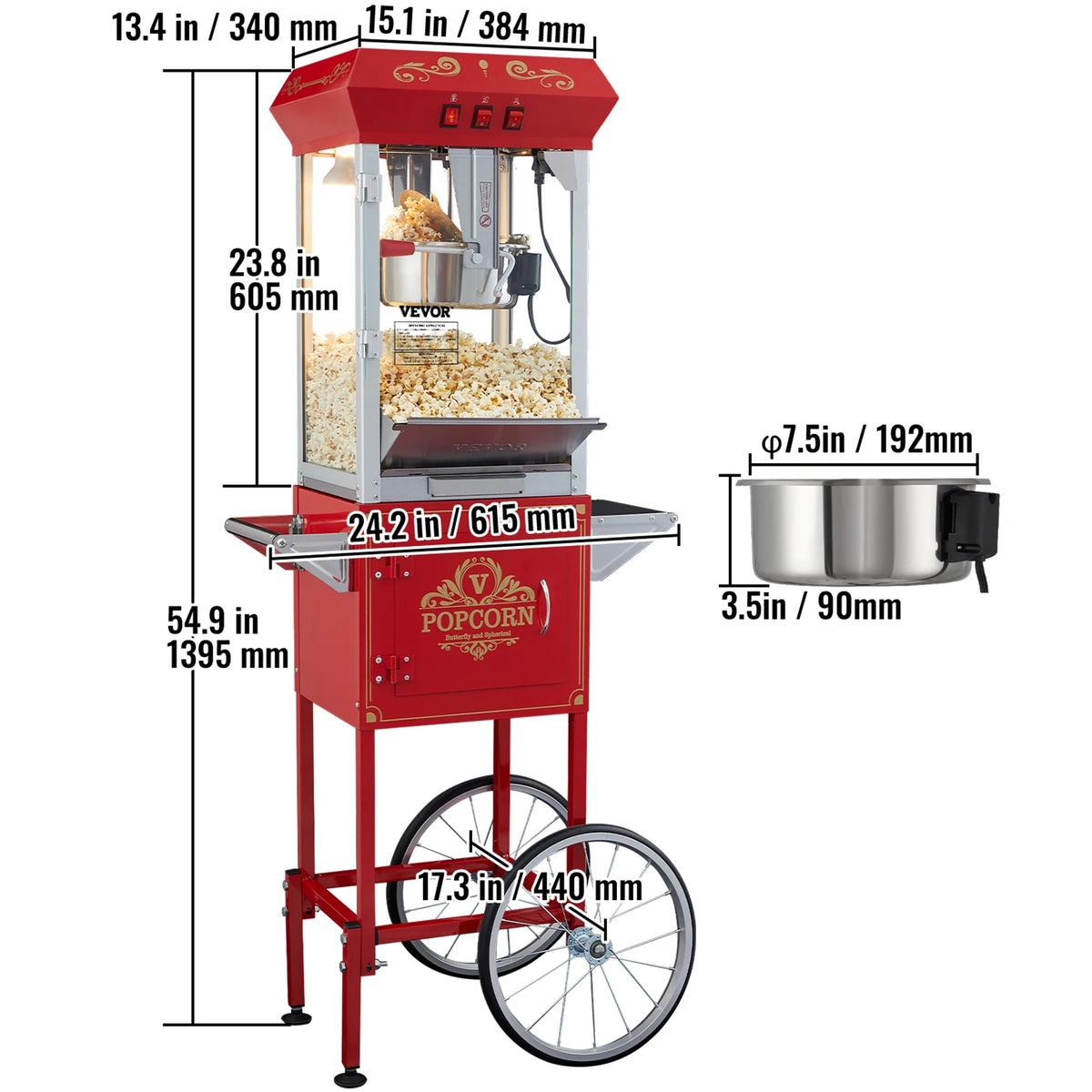 SucceBuy 8/12oz electric popcorn maker on red cart with wheels and VEVOR branding