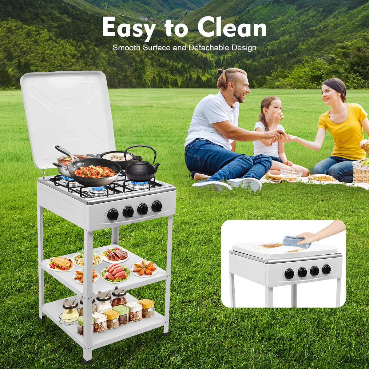 4-burner portable outdoor gas stove by S And B Enterprise, white with wind-blocking cover and two storage shelves.