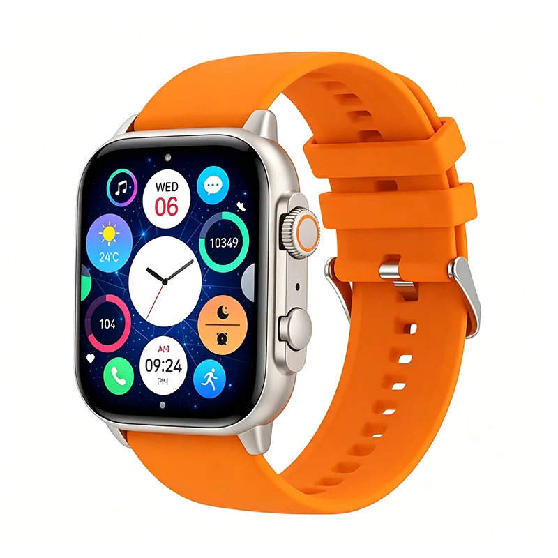 Smartwatch with orange silicone strap, silver square case, full-touch display and colorful app icons