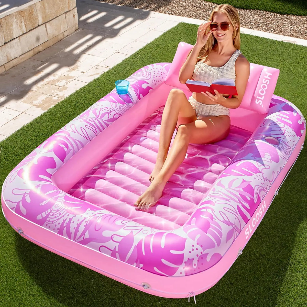 Joyfy Inflatable Pool Lounger Float With Pillow Sunbathing Bed by S And B Enterprise
