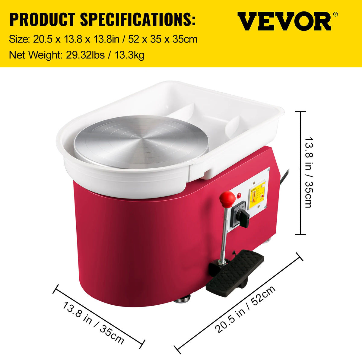 Pottery wheel machine, red 28cm wheel with white tray and silver turntable, VEVOR brand, foot pedal