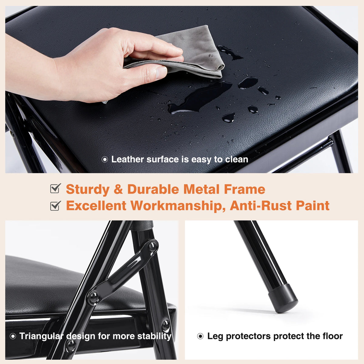 JHK leather-padded folding chairs, 4-pack with black metal frame