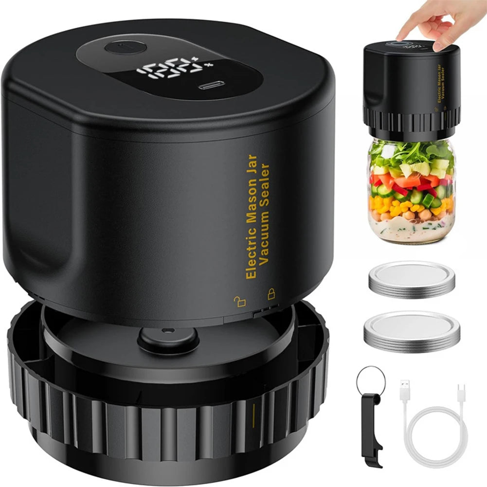 Electric mason jar vacuum sealer by S And B Enterprise in black with display; includes jar, two metal lids, USB cable.
