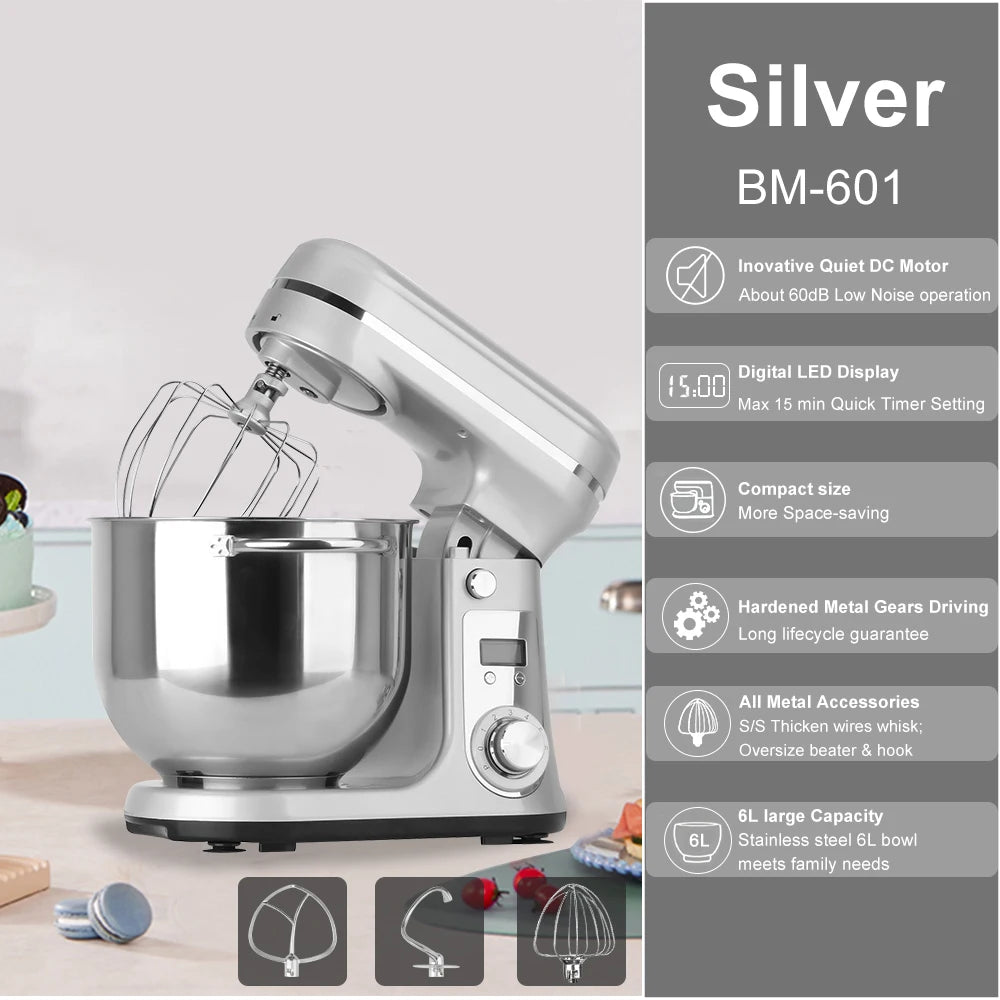 BioloMix stand mixer with 6L stainless steel bowl in cream-silver finish, 1200W, 6-speed