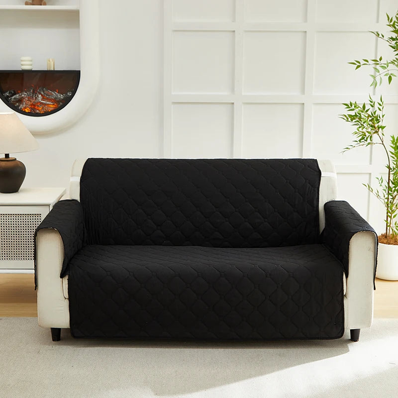 XM-Luvetoria integrated quilted sofa cover for 1/2/3 seater; black fabric protector with armrest slipcovers.