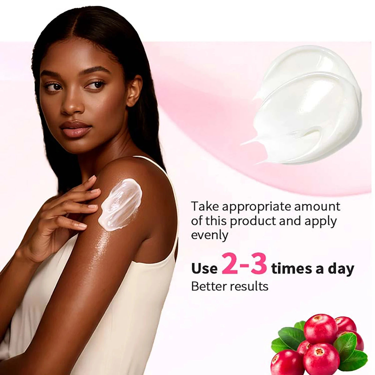 AILKE Vegan Brightening Body Lotion model applying lotion to shoulder; pink background, cream swirl, and apples.