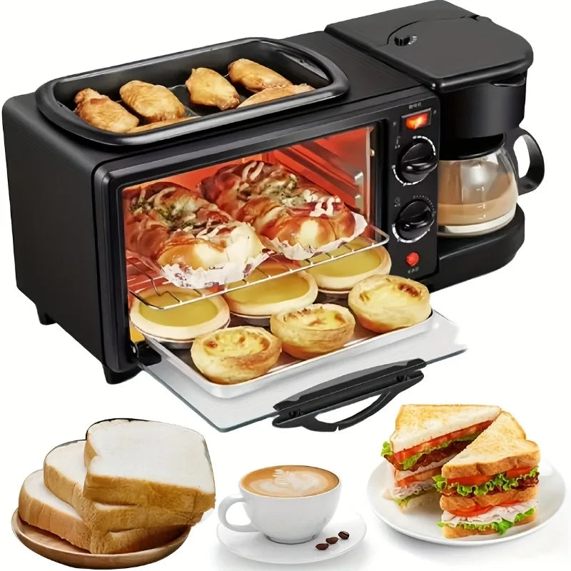 3-in-1 breakfast machine by S And B Enterprise, black countertop unit with built-in oven and coffee maker, pastries.