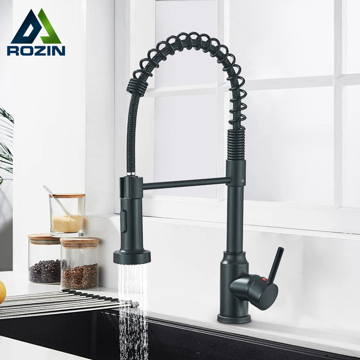 Black pull-down kitchen faucet by ROZIN with flexible spring hose, 360-degree swivel spray nozzle