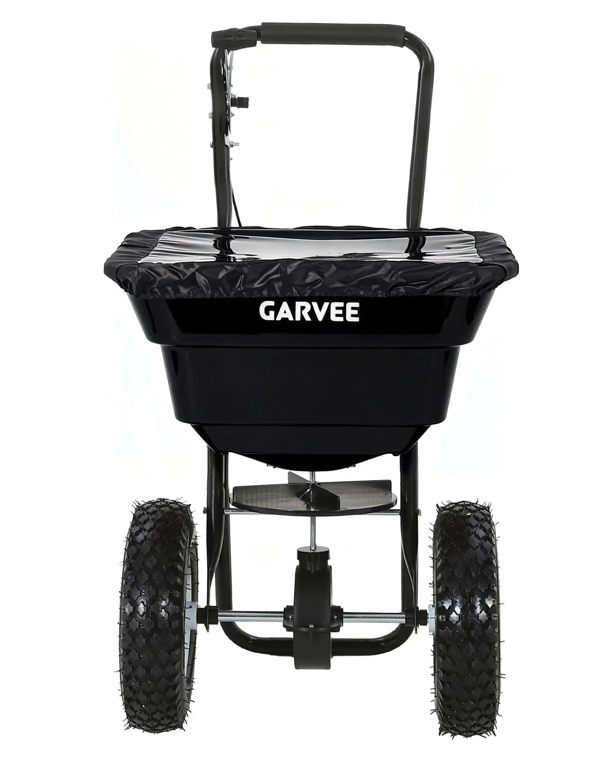 HiMiss Heavy Duty Walk-Behind Broadcast Lawn Fertilizer Spreader, black frame with GARVEE branding and rugged tires