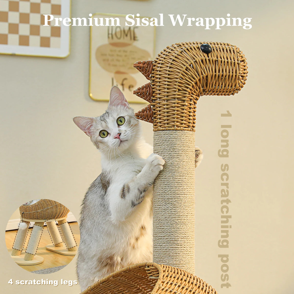 Rattan cat tree tower with dinosaur-shaped wicker top and sisal-wrapped scratching post