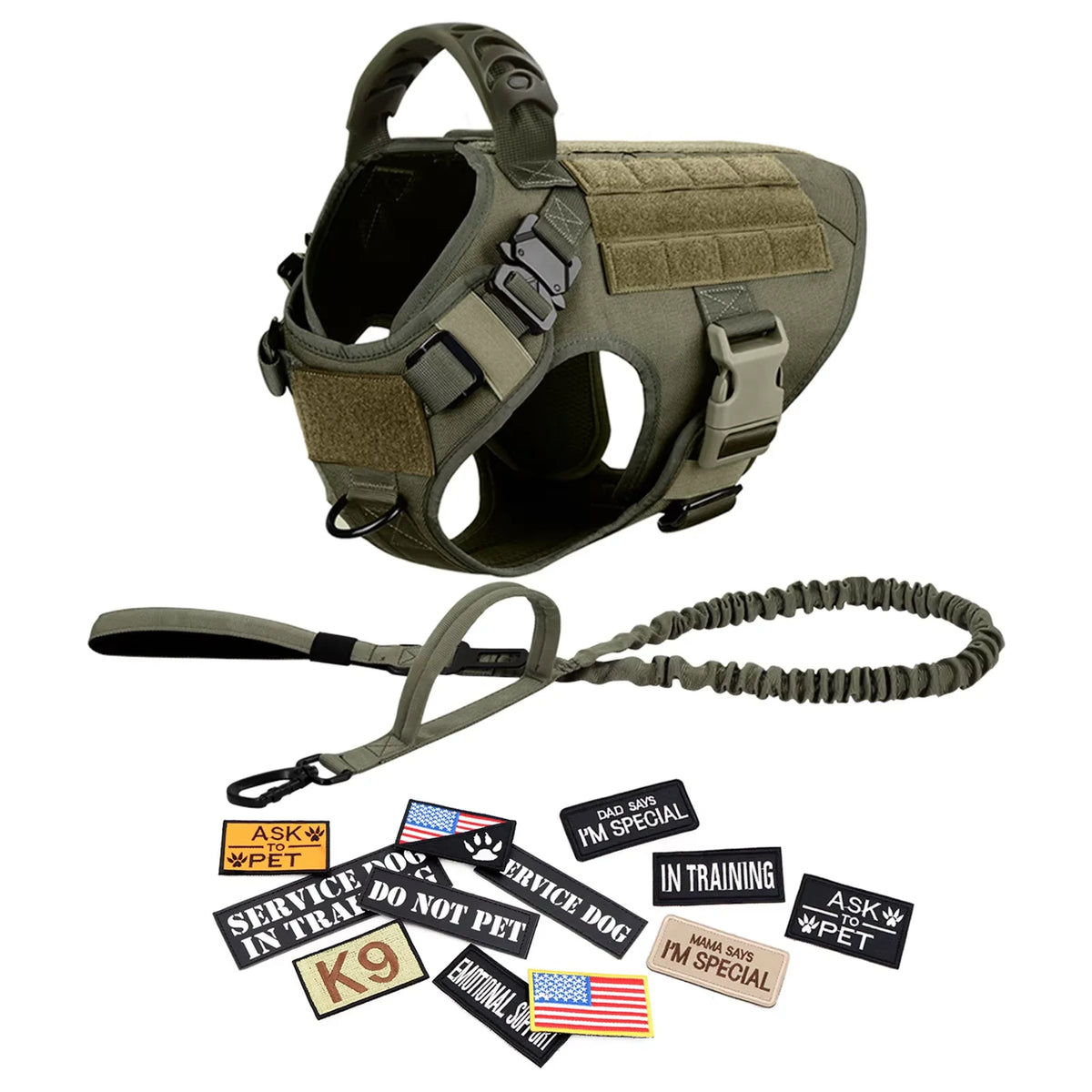 Military large dog harness vest with leash and patches set in olive drab by S And B Enterprise