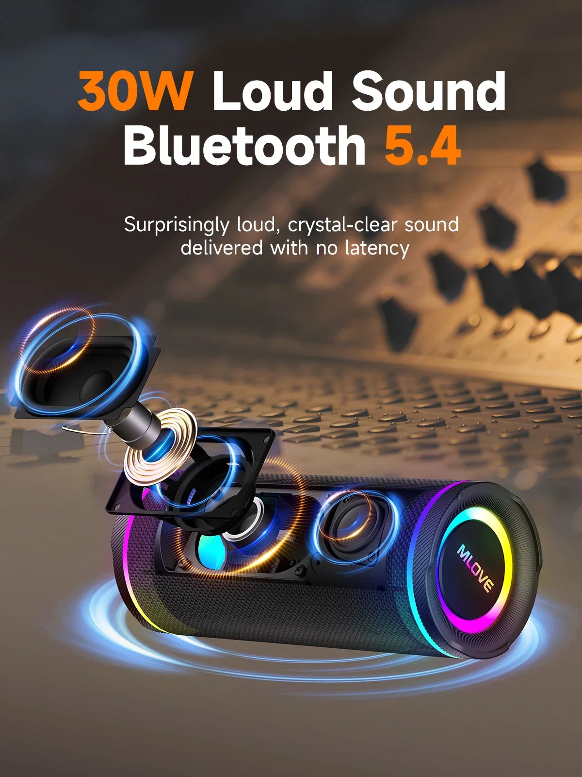 Portable Bluetooth speaker MLOVE E80 with colorful RGB lighting and dual drivers