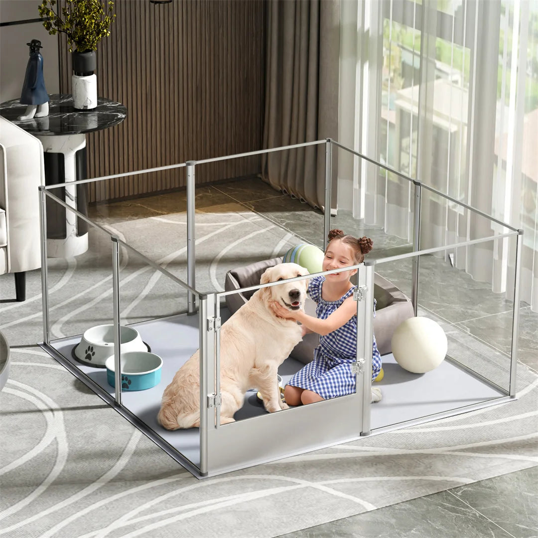 Clear acrylic pet playpen with waterproof floor pad for dogs and small pets.