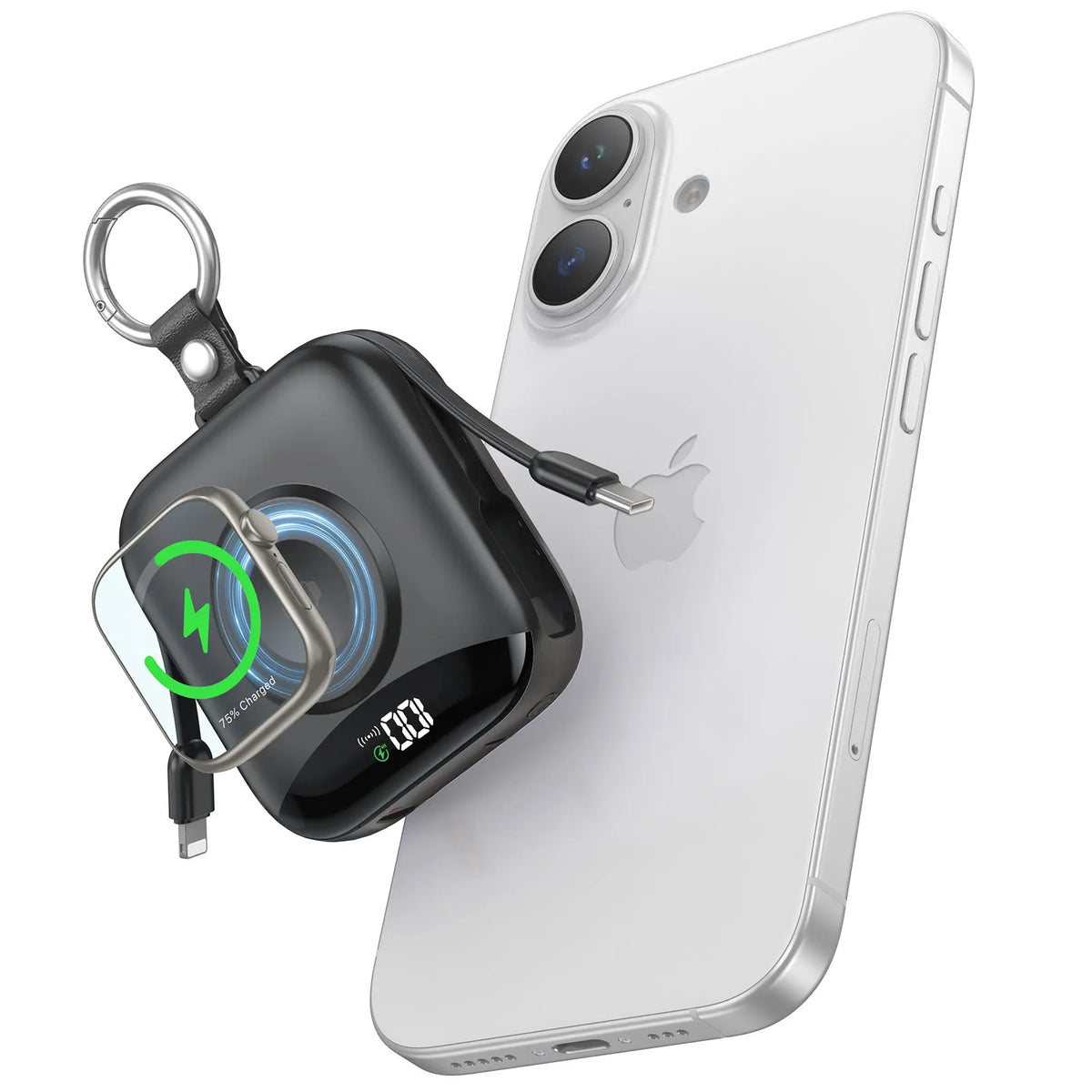 Power bank 10000mAh with built-in Apple Watch wireless charger, Lightning and Type-C cables, LED display, compact black keychain