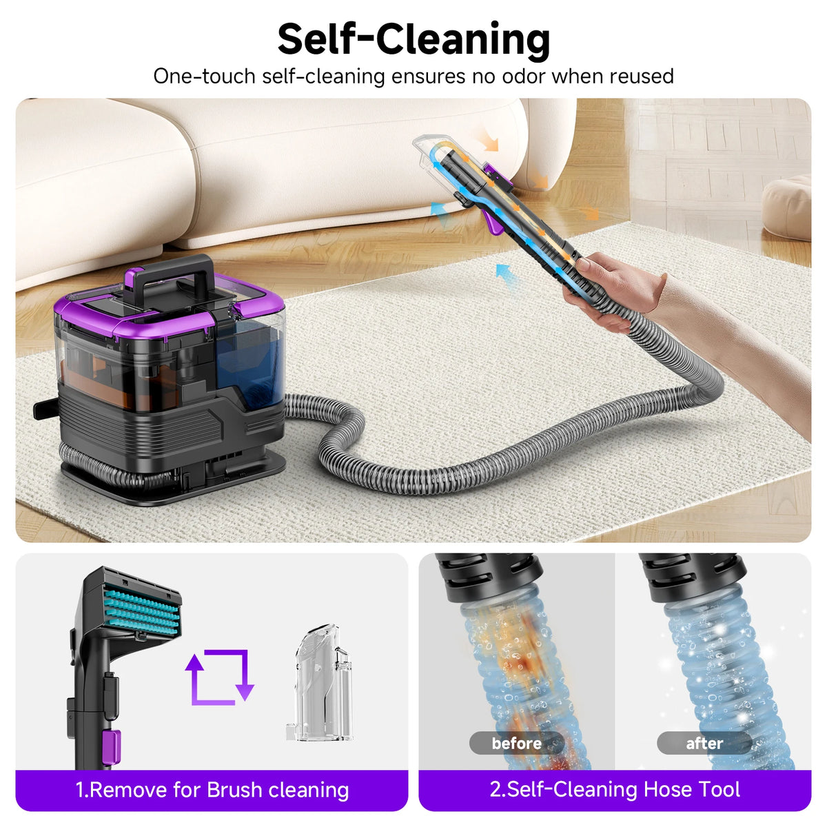 Honki 530W carpet cleaner by S And B Enterprise; purple and black canister with hose for pet hair cleaning on carpet