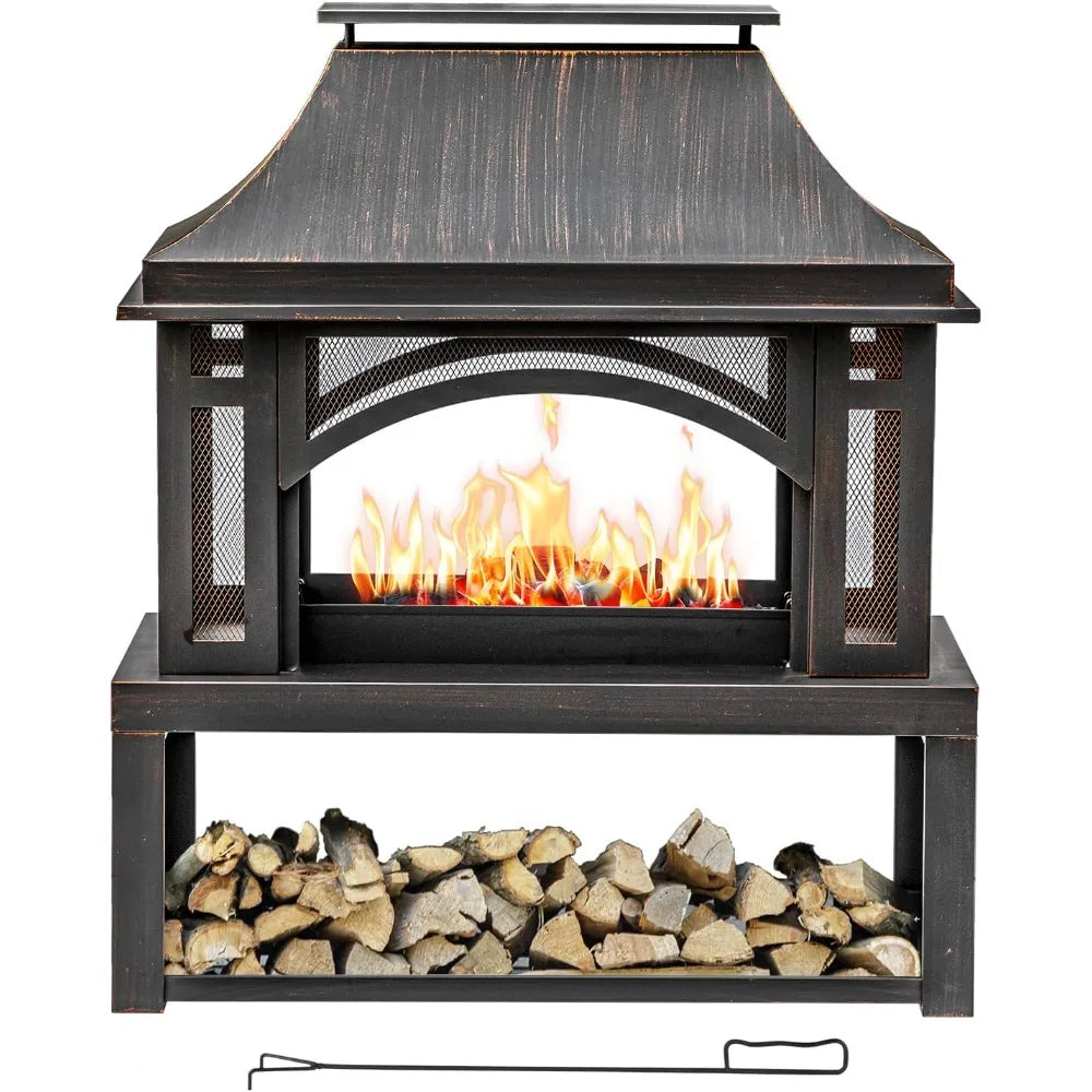 39-inch outdoor fire pit with chimney, black metal frame, arched mesh front, and wood storage below