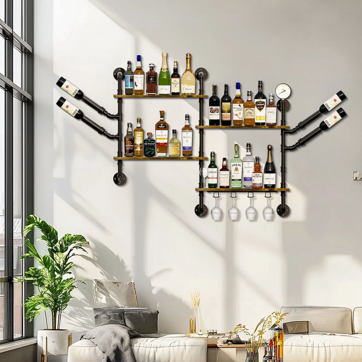 Pipe Bar Liquor Shelf, black pipe frame with wood shelves and wine-glass holders; wall-mounted rack with bottles.