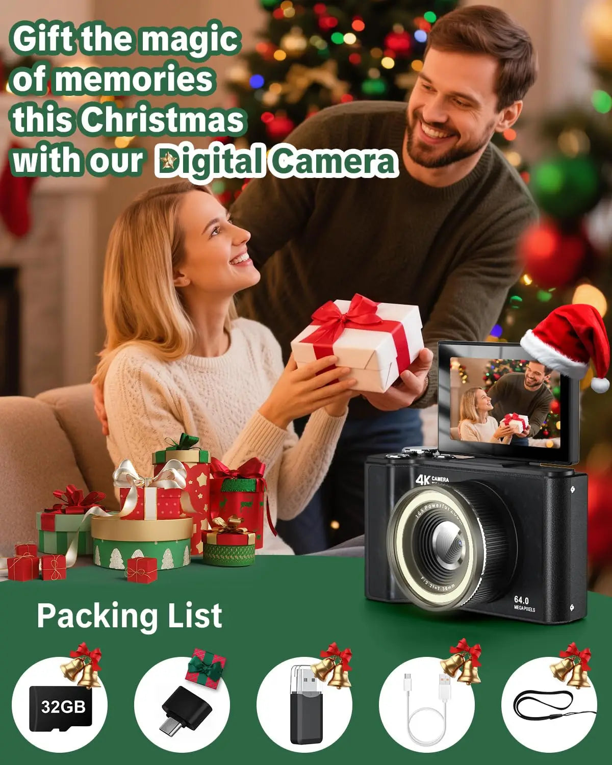 4K digital camera by S And B Enterprise with flip-out screen, black body, Christmas gift scene