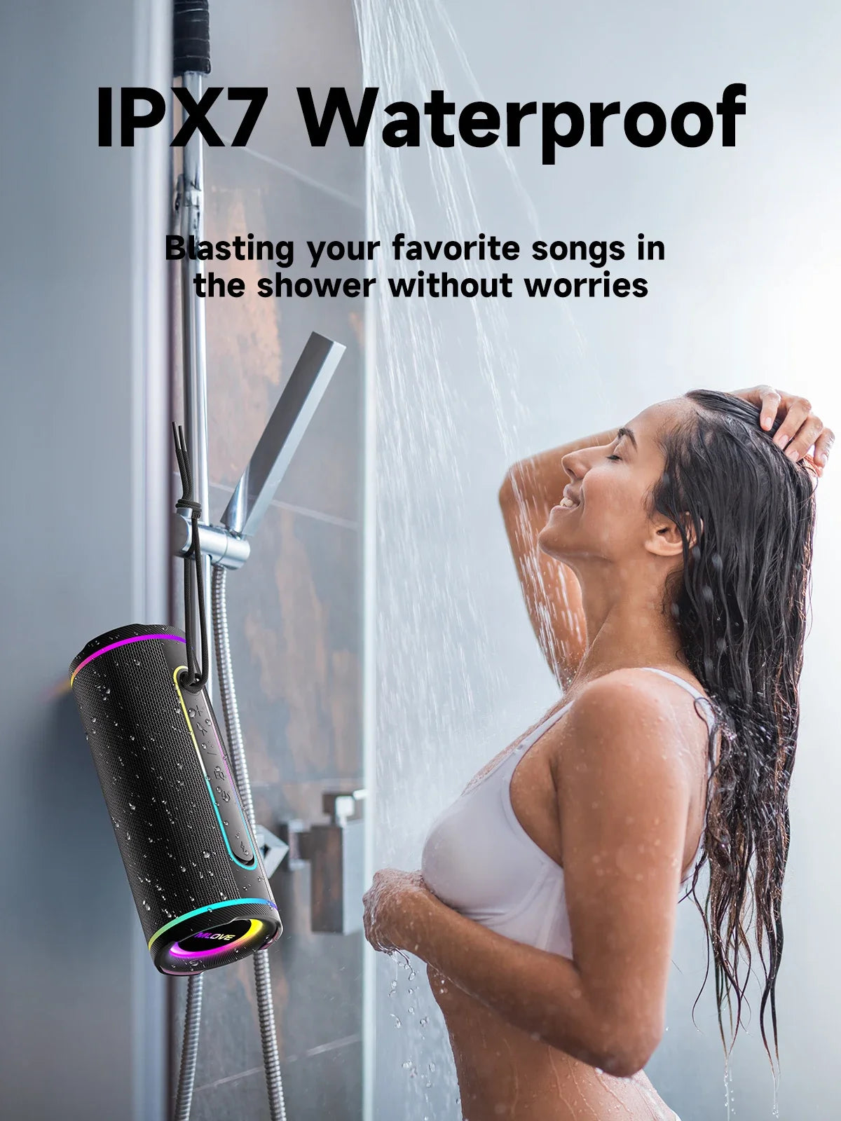 MLOVE E80 portable Bluetooth speaker, black with RGB lighting, IPX7 waterproof, by S And B Enterprise