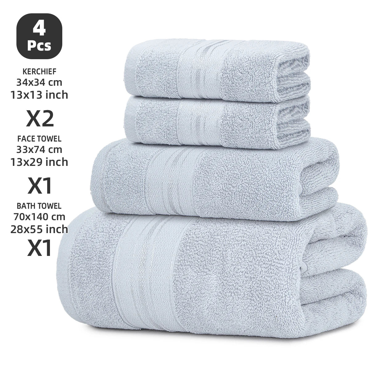4-piece luxury cotton towel set in blue-gray; includes bath towel, face towel, and 2 washcloths.