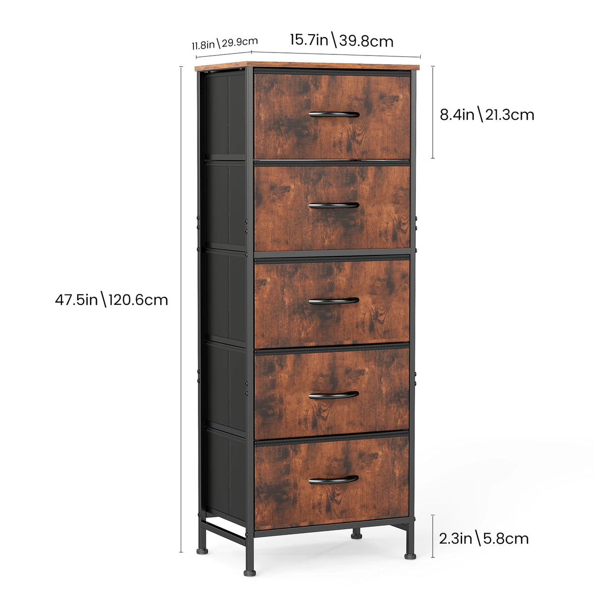 JHK 5-drawer dresser with steel frame and brown wood-grain fronts by S And B Enterprise