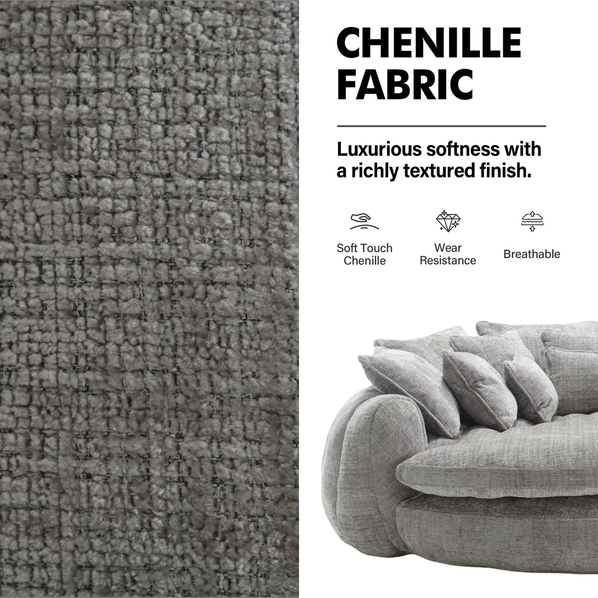 81.1-inch Cloud Couch Sleeper Sofa with oversized round chaise, gray chenille fabric, and 14 pillows.