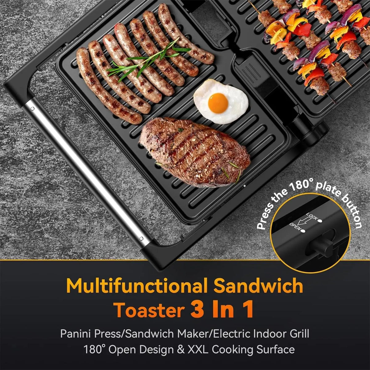 Panini press grill, 1200 W sandwich maker for 2 slices, black electric indoor grill with 180° opening