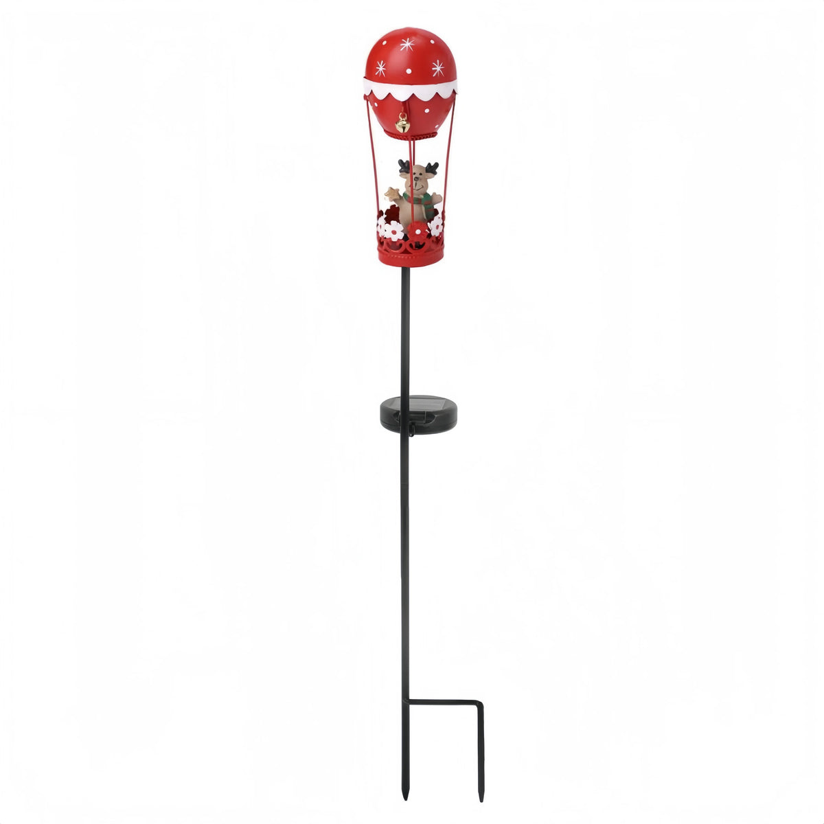 Garden solar stake light featuring a red iron Santa hot-air balloon with bells and lights