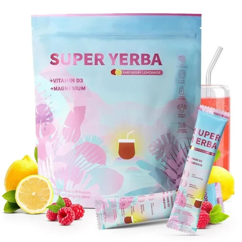 Yerba Instant Powder 30 Packets Contain Raspberry Lemonade Flavor Vitamin D3 Prebiotics Support Gut Clean and Provide Energy by S And B Enterprise