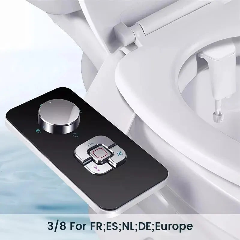 SAMODRA Bidet Attachment control panel on a white toilet, non-electric cold-water bidet with retractable self-cleaning