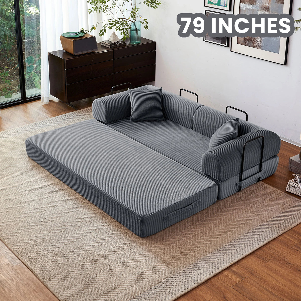 79-inch boneless couch foldable futon sleeper sofa bed in gray fabric with L-shaped armrests in living room