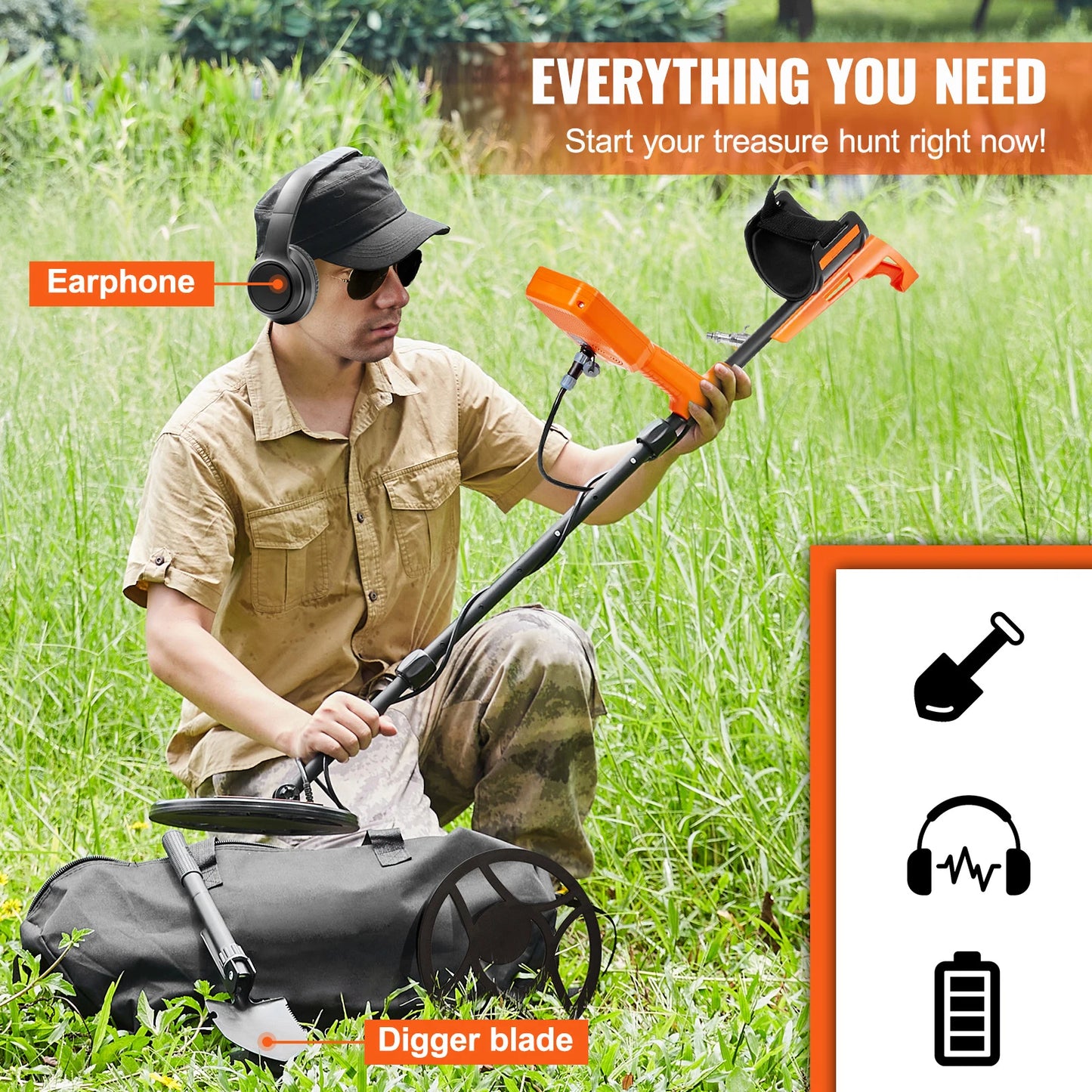 SucceBuy professional rechargeable metal detector with orange 12-inch IP68 waterproof coil, adjustable 39–50 in, LCD, 7 modes