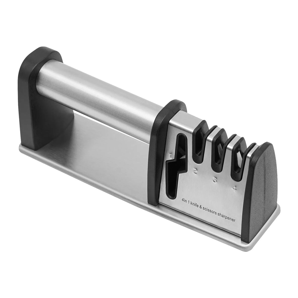 4-stage knife sharpener by S And B Enterprise; stainless steel body with black end caps and ceramic-tungsten sharpening stages.